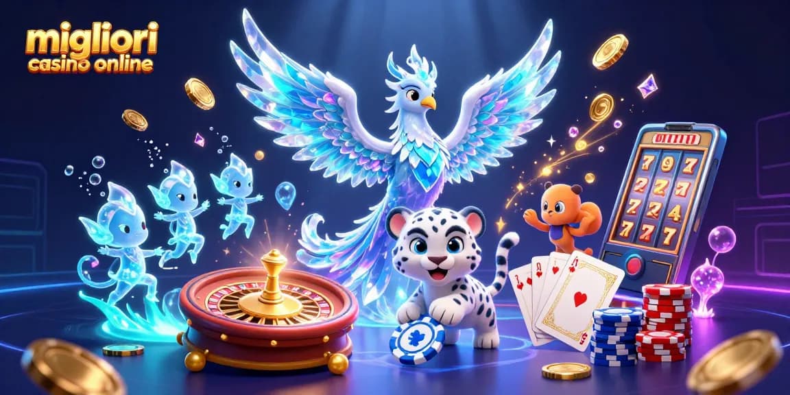 Scopri i migliori casino online con un'illustrazione vivace di un fenice di cristallo e un cucciolo di leopardo che gioca a poker.