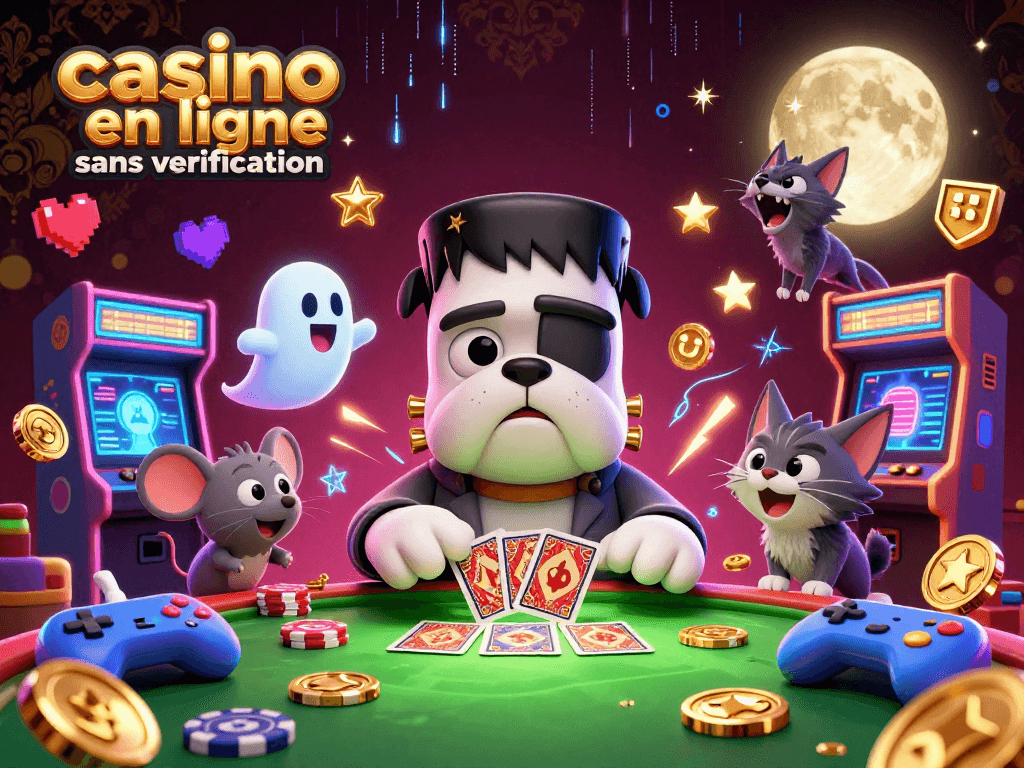 Jouez à des jeux avec un casino en ligne sans vérification, présenté par un bulldog Frankenstein et un chat loup.