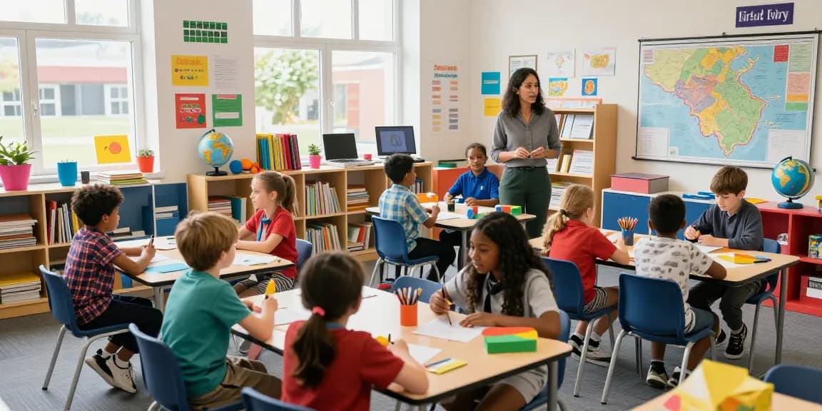 Children engaging in collaborative learning activities in vibrant British schools.