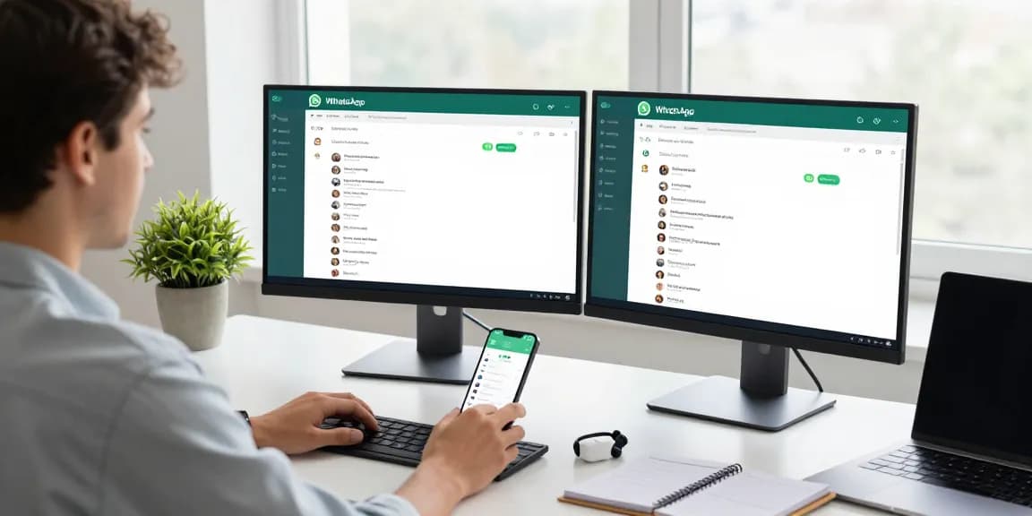 Professional using WhatsApp網頁版 on desktop setup, displaying chat threads and productivity tools.