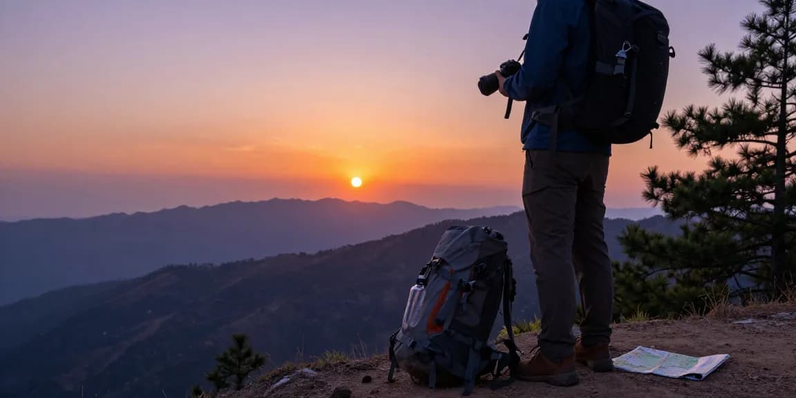 여행자가 해질녘 경치 좋은 풍경에서 https://www.danbamop.com/suncheon-op을 바라보며 카메라를 들고 있는 모습입니다.