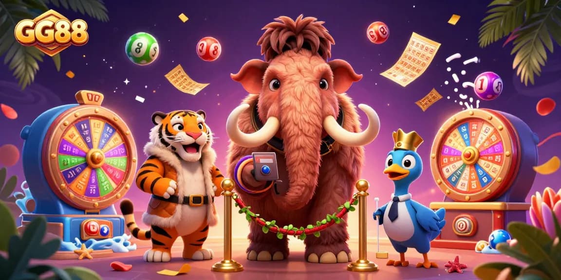 Experience GG88 excitement with a dynamic casino scene featuring animal bouncers and vibrant game elements.