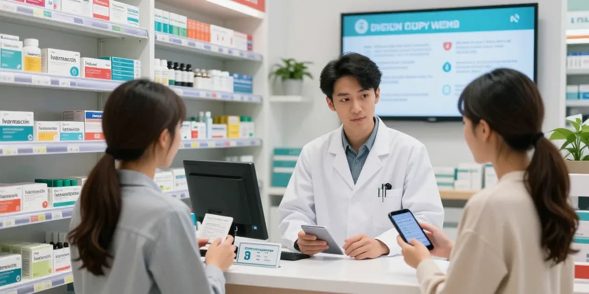 Pharmacist guiding customers on ivermectin dosage for humans in a well-organized pharmacy setting.