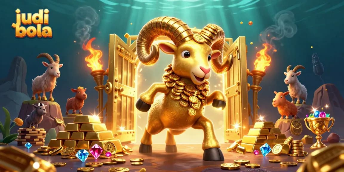 Win at judi bola with excitement, featuring a golden ram and dazzling treasures.