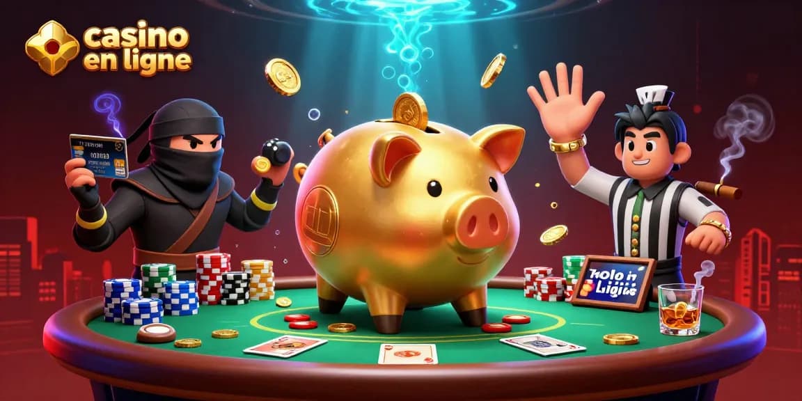 Action excitante de jeux au casino en ligne avec un personnage en pâte d'or et des éléments de poker autour.