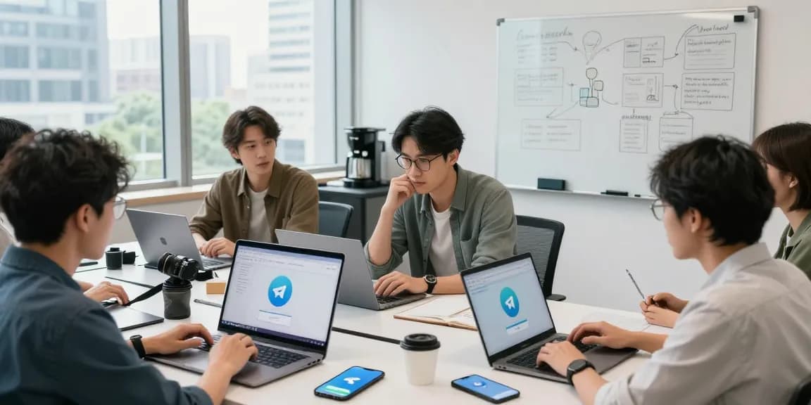 Collaborating professionals accessing Telegram in China using VPN in a modern tech workspace.