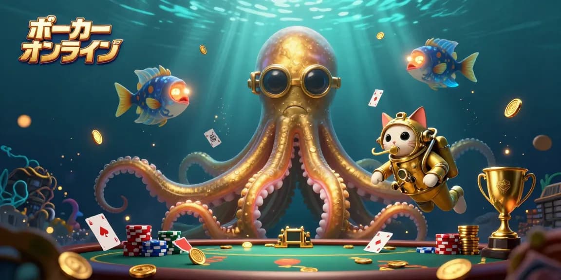 ポーカー オンラインでの対戦シーン、豪華なポーカーテーブルやチップスタックに囲まれた迫力のあるイラスト。