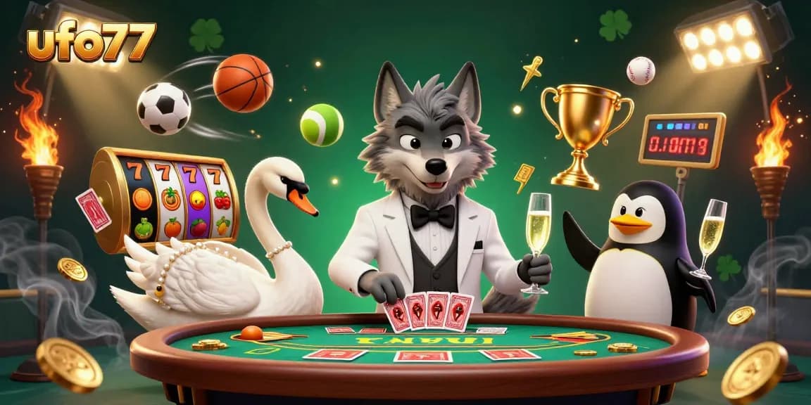 Experience thrilling gameplay with ufo77 while a debonair wolf and elegant characters engage at the baccarat table.