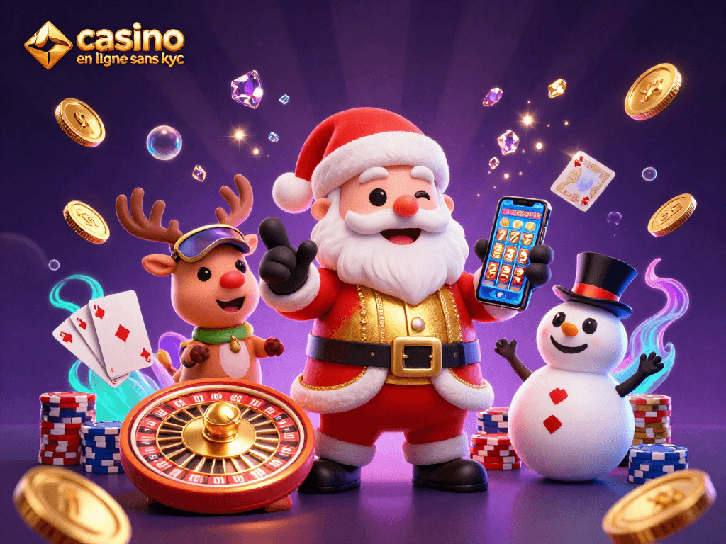 Découvrez le casino en ligne sans KYC avec un Santa amical et ses amis dans une scène animée.
