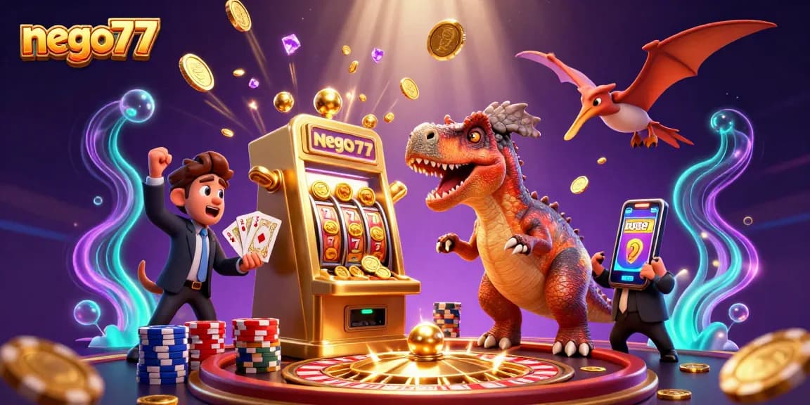 Experience the thrill of nego77 as a pachycephalosaurus hits a golden slot machine, showering coins everywhere.