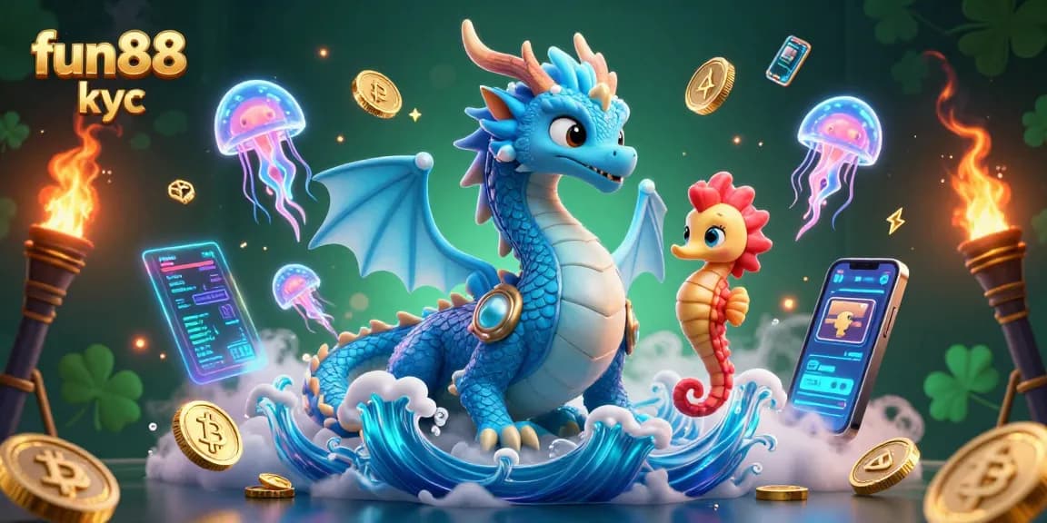 Chơi cá cược an toàn tại Fun88 KYC với hình ảnh rồng nước và đại diện huyền ảo.