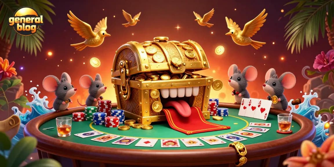 Play poker at the general blog with a cartoon treasure chest, casino chips, and vibrant details.