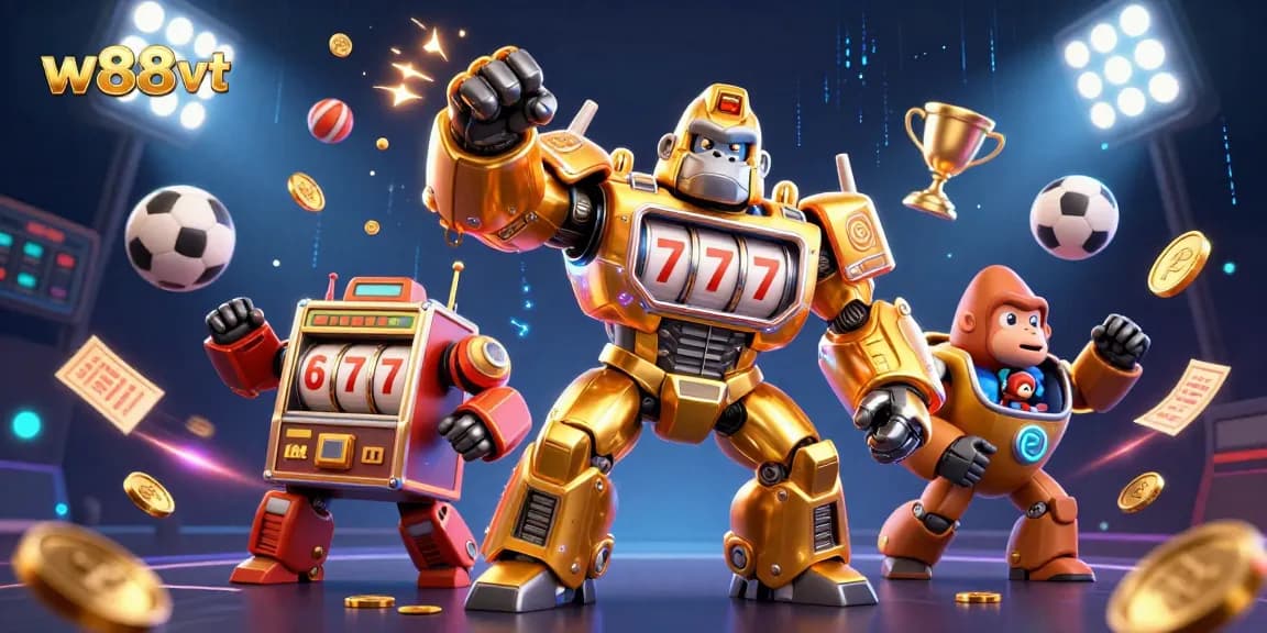 Cá cược thể thao tại w88 vt với chú gorilla vàng máy biến hình cùng những quả bóng thể thao bay lượn.