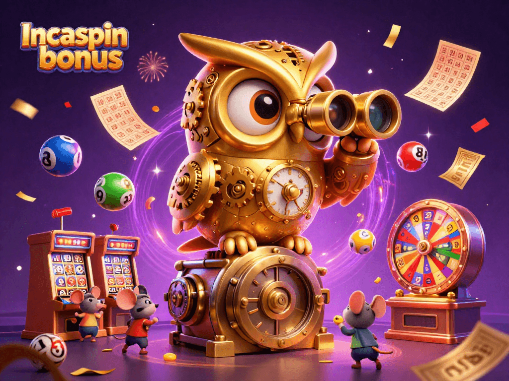 Experience the thrilling Incaspin bonus with a dynamic casino scene featuring lively characters and game elements.