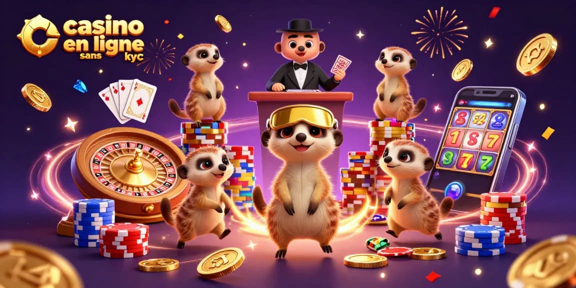 Jouez au casino en ligne sans KYC avec une colonie de suricates en pleine opération de jeu, entourés d'or et de lumière.