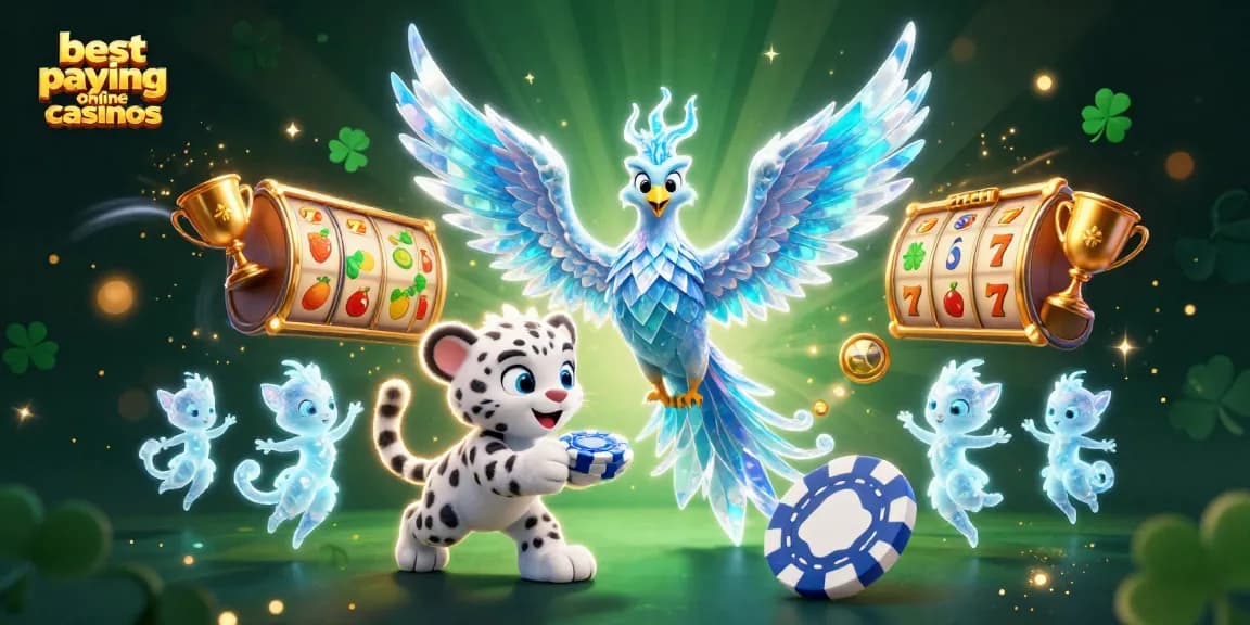 Experience winning thrills at the best paying online casinos with a magical scene featuring an ice phoenix, playful snow leopard, and slot game elements.