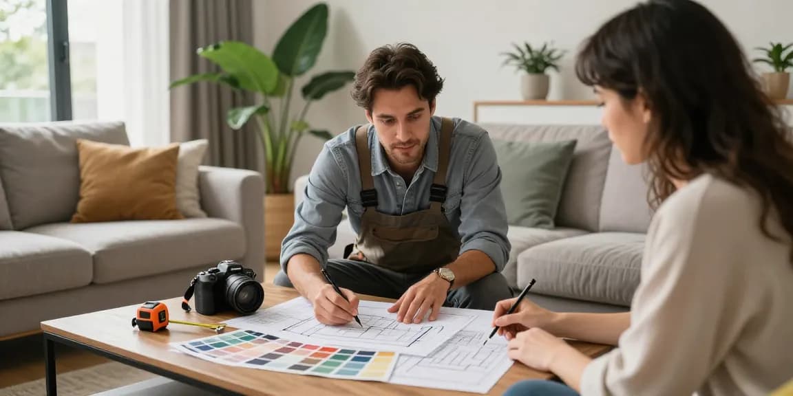 General contracting consultation with a client in a beautifully designed living room, showcasing professional teamwork.