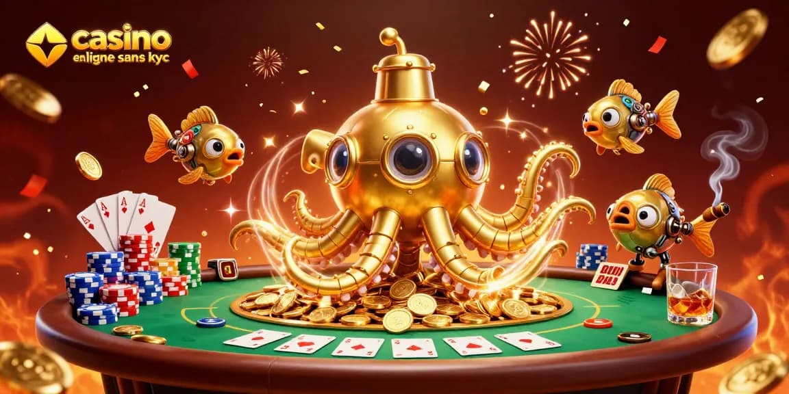 Illustration animée d'un kraken doré et de poissons mécaniques dans un casino, casino en ligne sans KYC