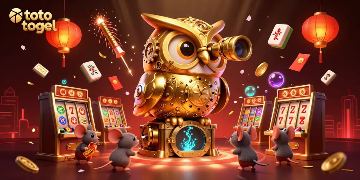 Experience thrilling toto togel action with a vibrant digital illustration showcasing an owl in a bustling casino scene.