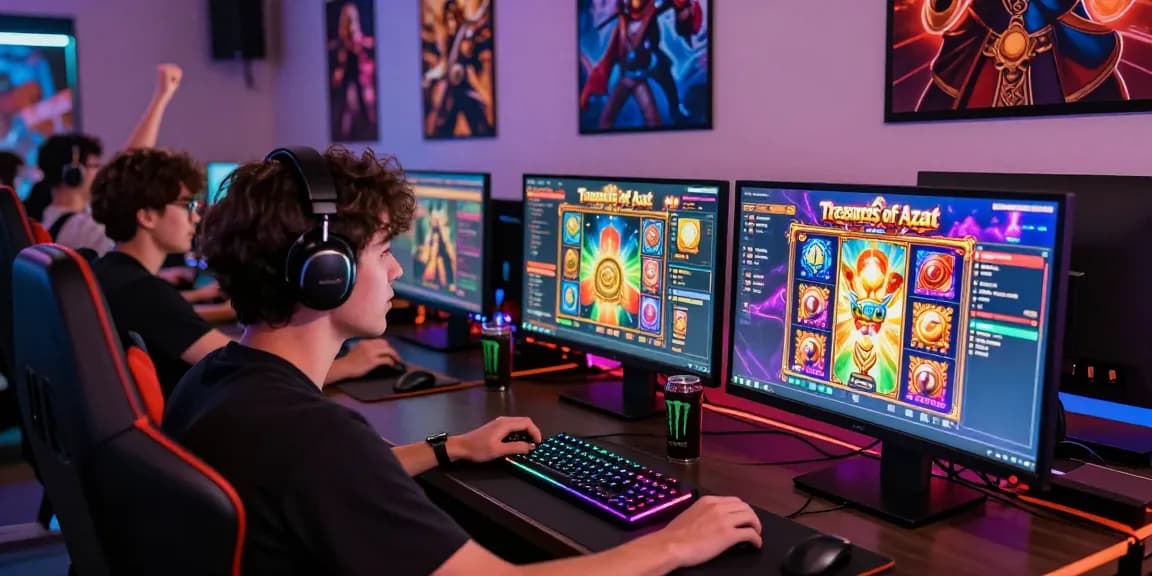 Treasures of Aztec slot game experience with a focused player in a vibrant gaming setup, showcasing lively gaming atmosphere and excitement.