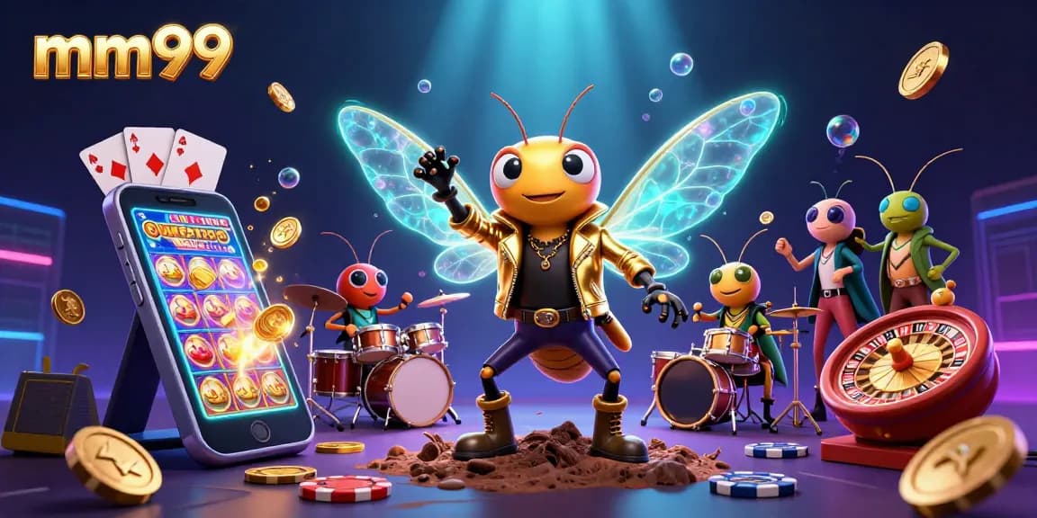 Experience the vibrant excitement of mm99 with a rock star cicada and dynamic casino elements.