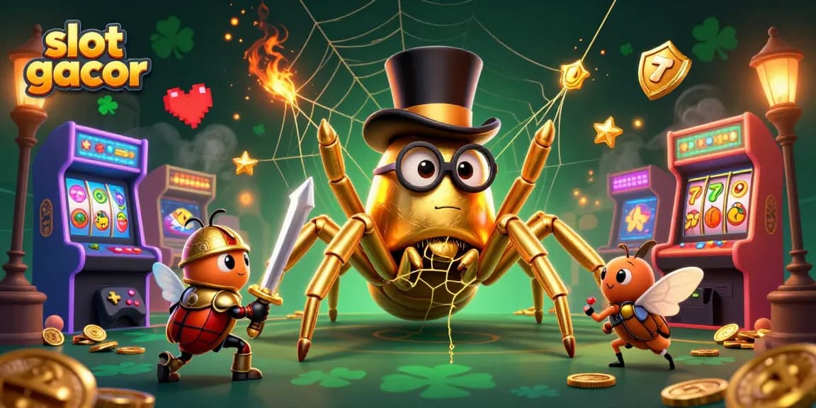 Permainan slot gacor menampilkan tarantula emas raksasa dan ksatria beetle di kasino yang penuh warna.