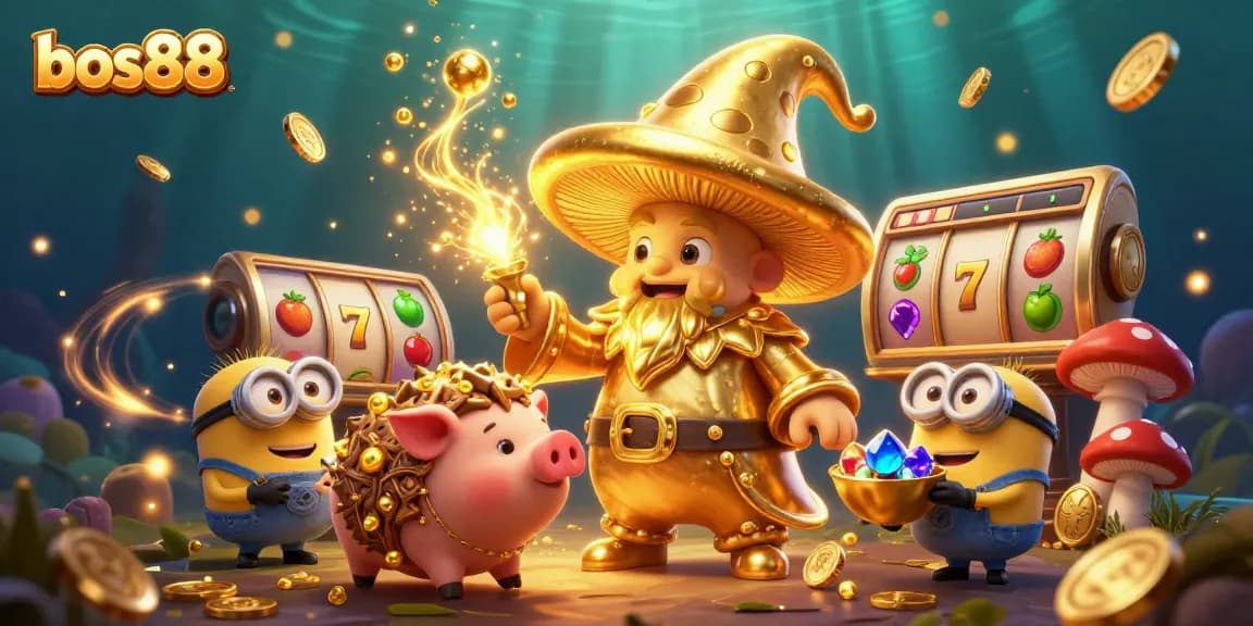 Experience bos88's thrilling slot games with magical characters and gold treasures in a lively scene.