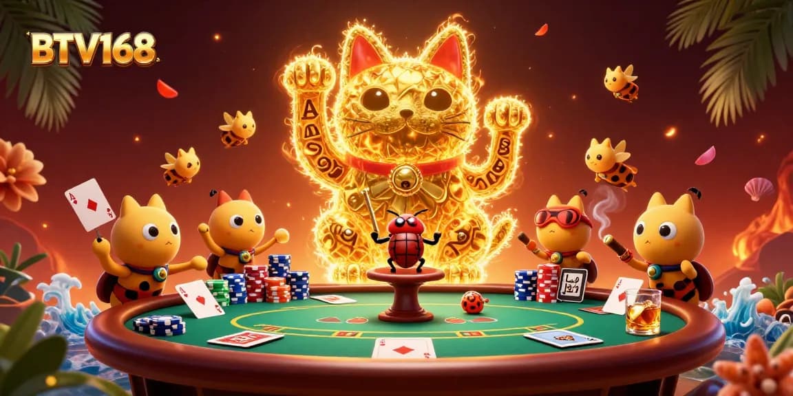 BTV168 captures the excitement of poker with a lucky cat waving, surrounded by colorful chips and cards.