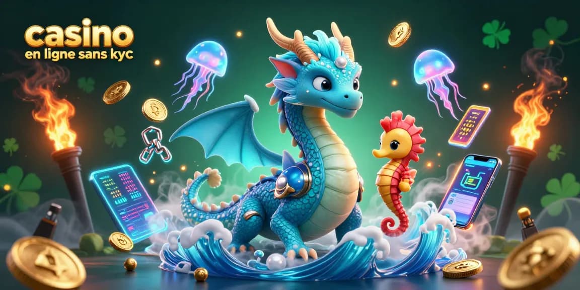 Jouez dans un casino en ligne sans KYC, avec un dragon d'eau majestueux et des éléments de crypto-monnaie scintillants.