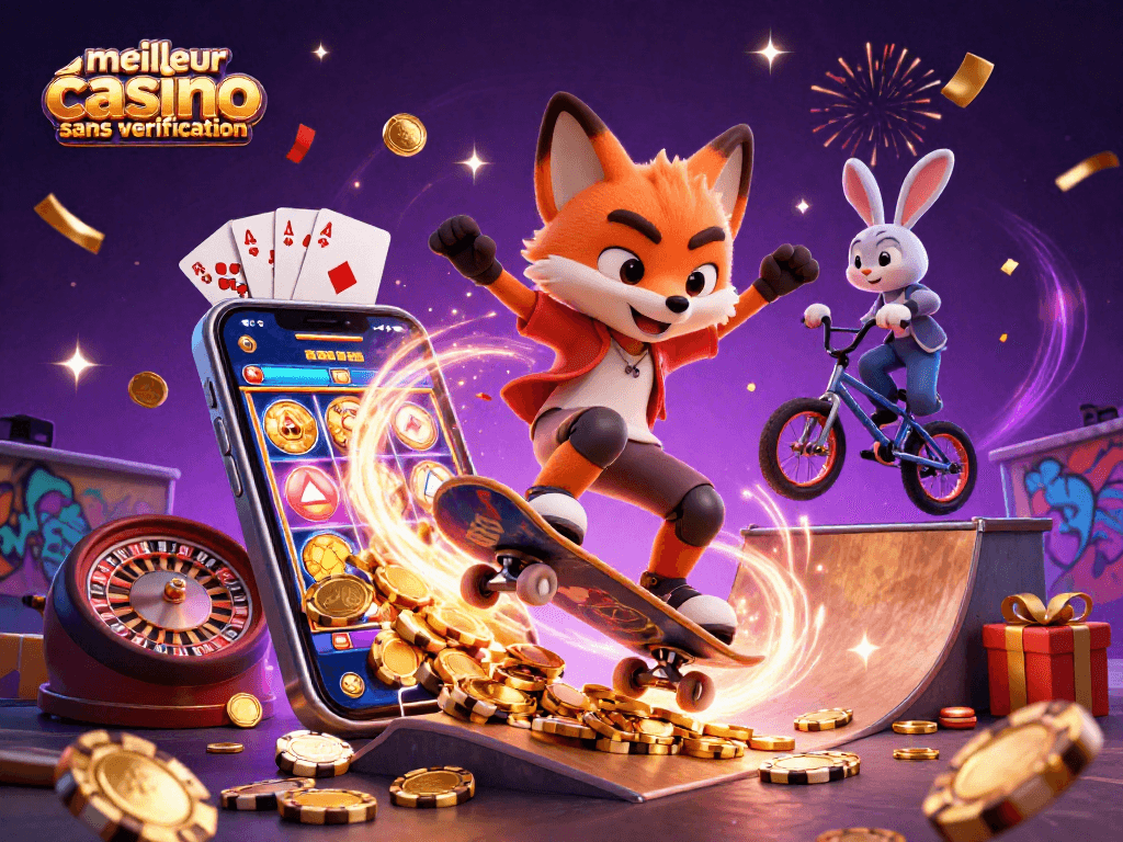 Meilleur casino sans vérification : jouez avec un renard skateboarder et un lapin BMX dans un décor de casino dynamique.