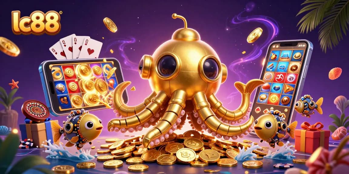 Spin the reels and win big with lc88, a vibrant 3D casino-themed digital illustration.