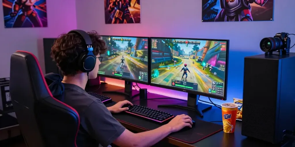 Gamer focused on mposlot, playing multiplayer games at a stylish desk with vibrant LED lights and gaming gear.