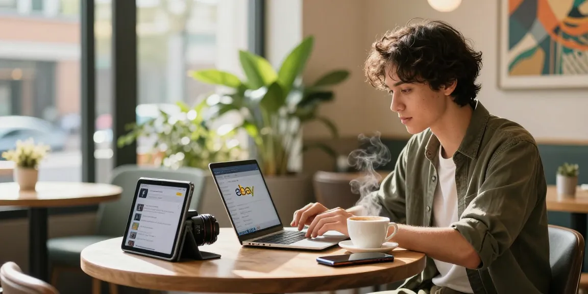 Browsing an ebay account for sale at a stylish café while enjoying coffee.
