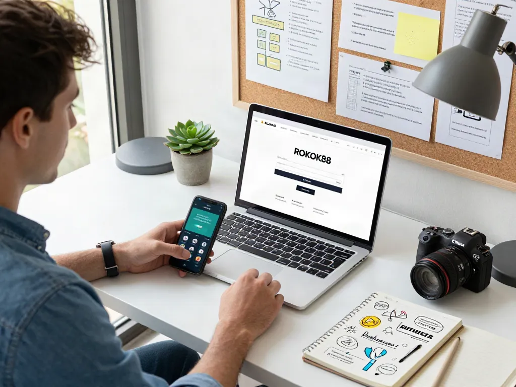 Engaged user accessing ROKOK88 login in a modern workspace with strategic planning tools.