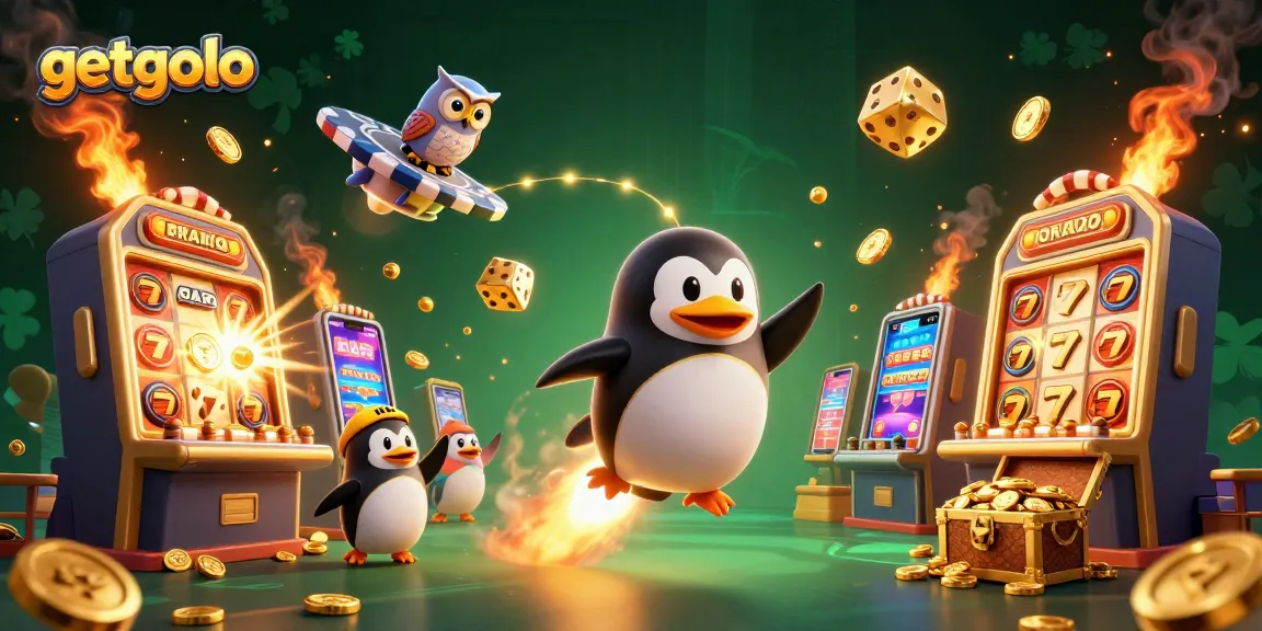 Engage with getgolo's vibrant casino adventure featuring a dynamic golden penguin and jackpot elements.