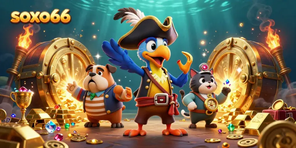 Engage with soxo66's thrilling world of online gambling through an exciting 3D pirate-themed illustration.