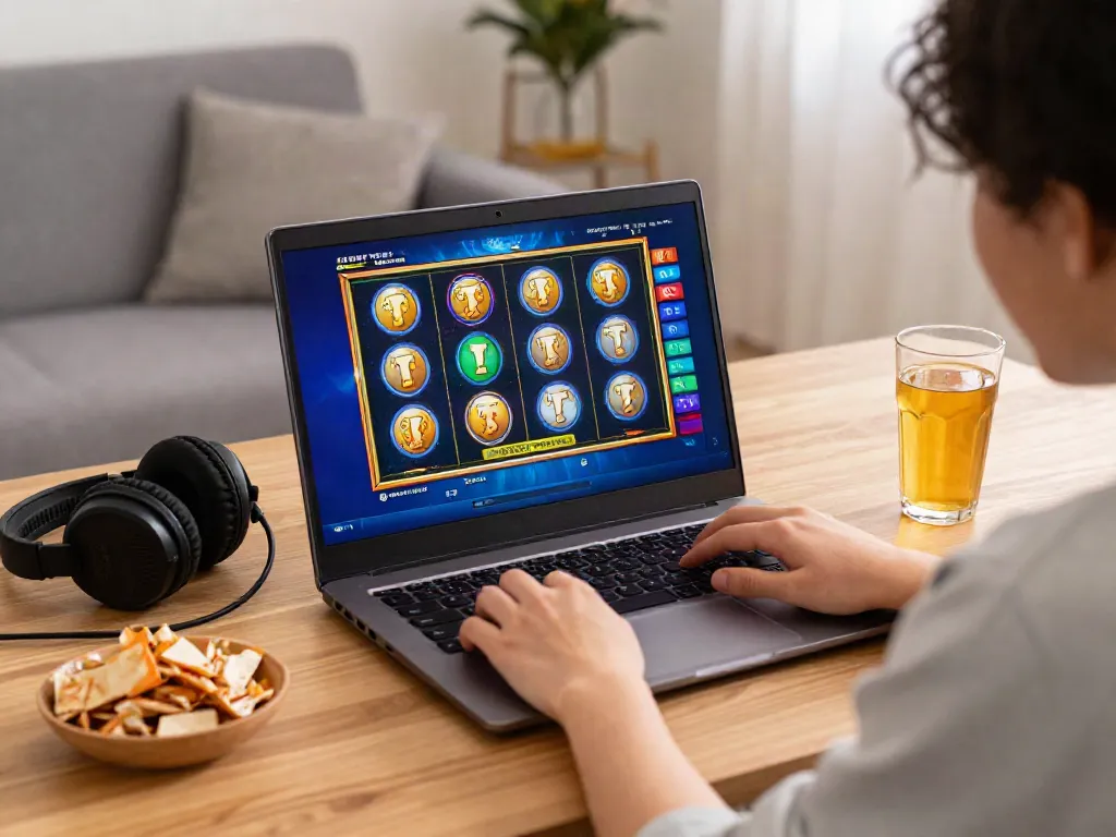 Enjoying slot online gaming on a laptop with colorful graphics and cozy setup.