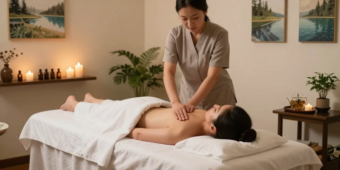 Client enjoying 출장안마 in a calming massage studio with soothing atmosphere and essential oils.