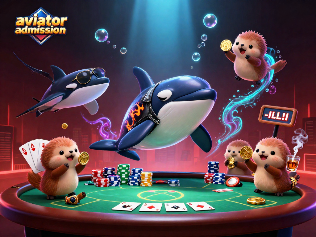 Aviator admission showcases animated characters at a poker table, celebrating with coins amidst a vibrant casino backdrop.