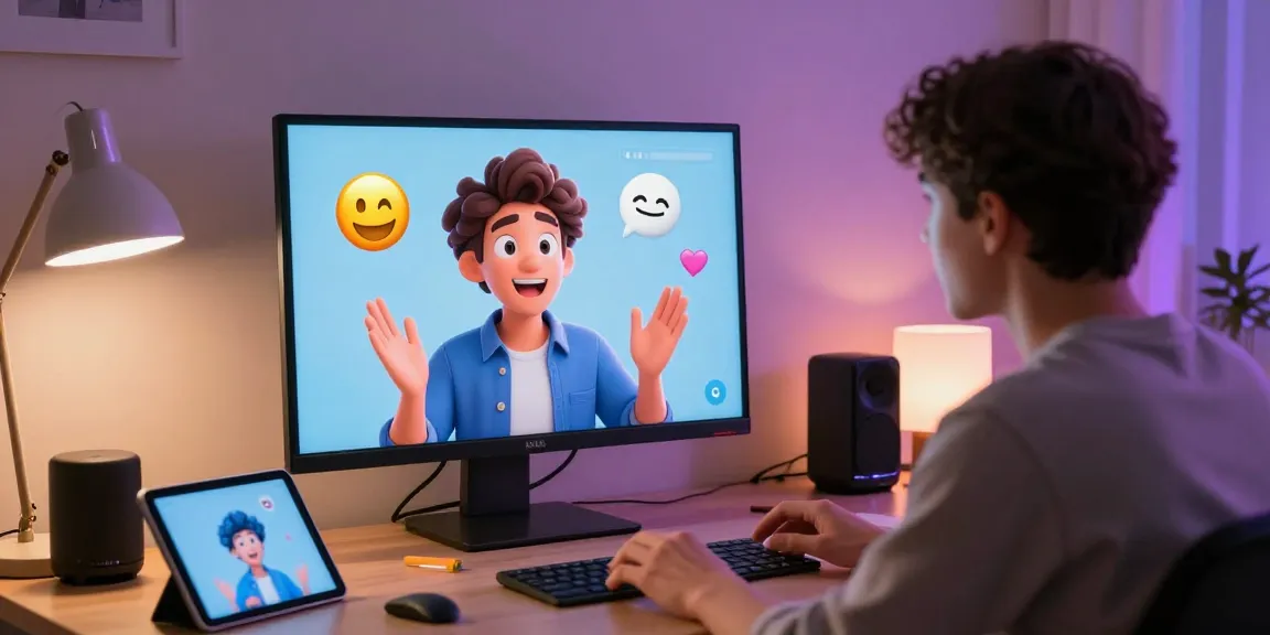 Engaging user in ai nsfw chat with animated AI interface in a cozy home office.
