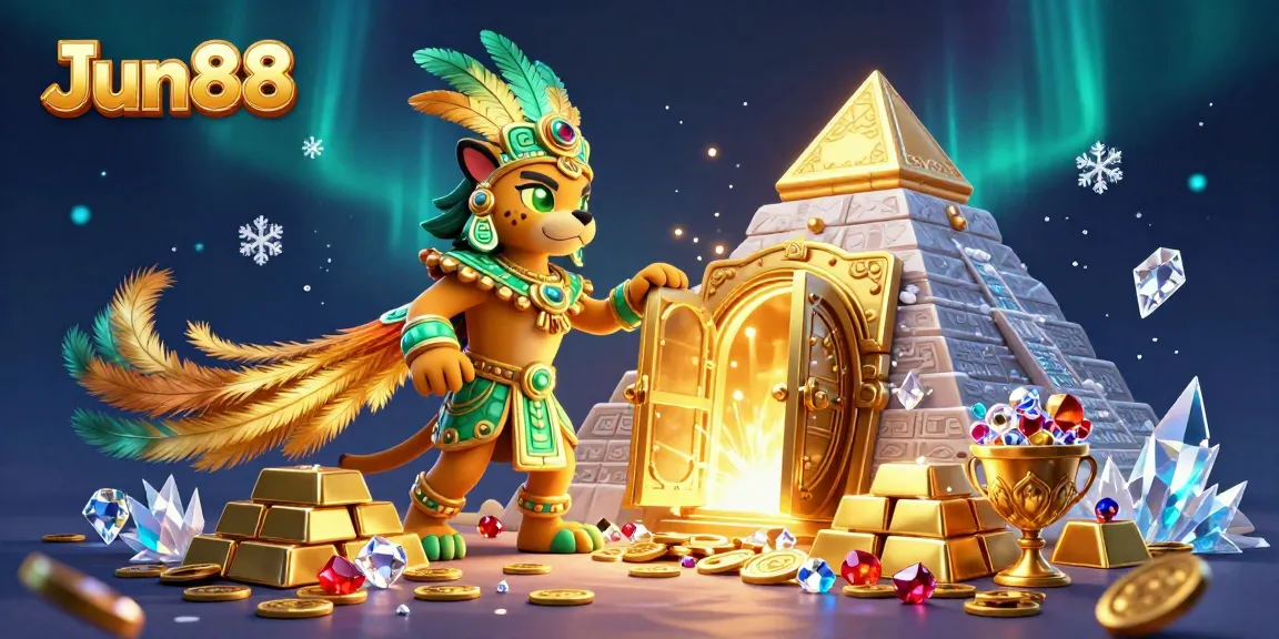 Experience the excitement of Jun88's online casino with treasures overflowing in a vibrant 3D illustration.