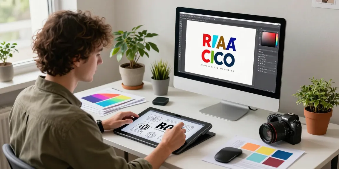 Grafik freelancer pracujący nad nowoczesnym projektem logo w kreatywnej przestrzeni biurowej.