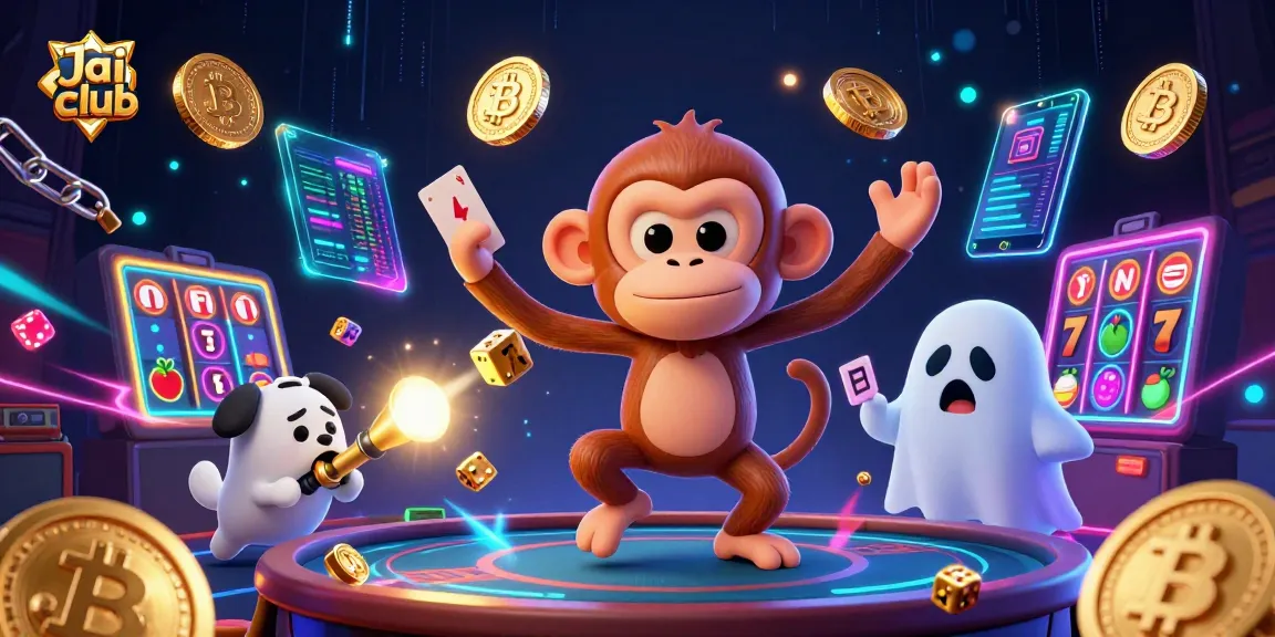 Engage in thrilling gameplay at Jai club with a vibrant haunted casino scene featuring a mischievous monkey and a ghost-hunter puppy.