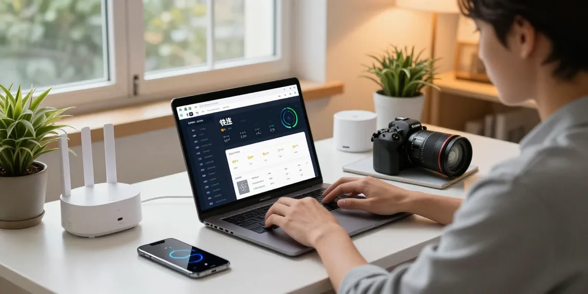 快连 network optimization dashboard on a laptop in a modern home office setting.