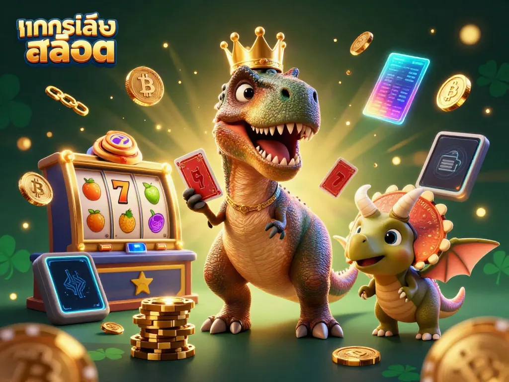 ภาพการ์ตูน 3D สนุกสนานของ T-Rex และเพื่อนๆ กำลังทดลองเล่นสล็อตอย่างมันส์