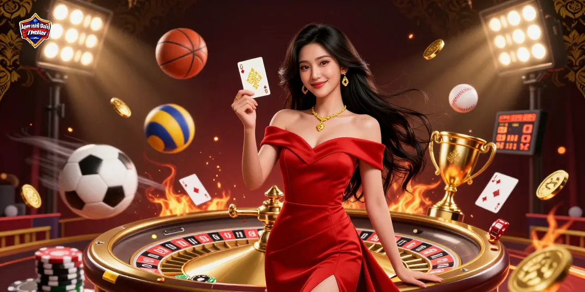 Agen Judi Bola 7meter showcases an elegant Asian woman with a golden playing card, dynamic sports elements, and casino excitement.
