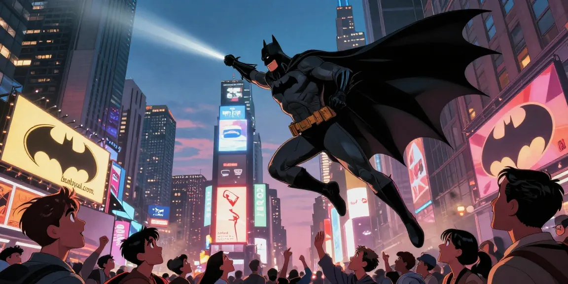 Superhero inspired by batmanloyal.com soaring over a vibrant city at twilight, showcasing urban heroism.
