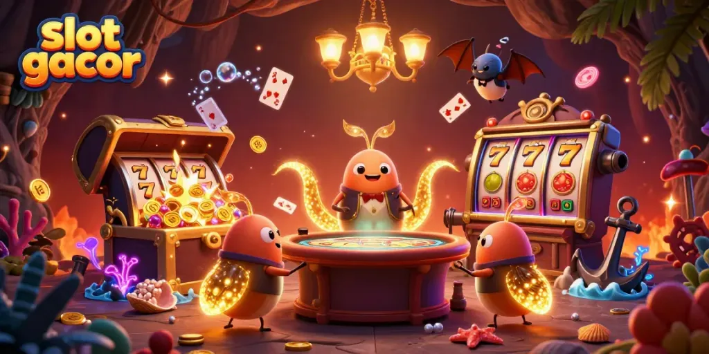 Engage in slot gacor gaming with a magical casino featuring lively glowworms and an upside-down bat dealer.