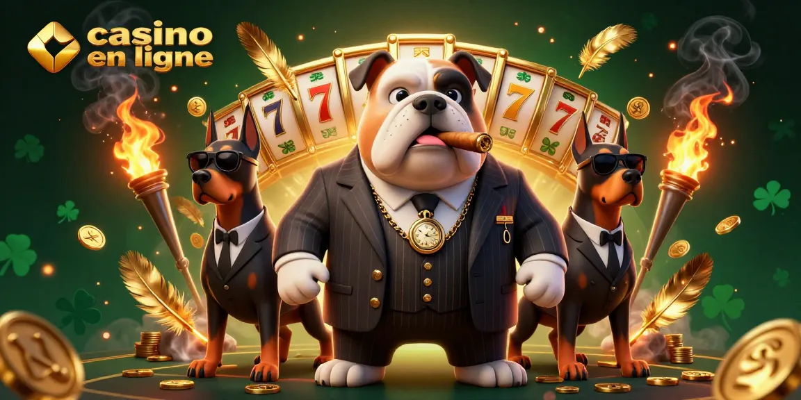 Participez à une action passionnante de casino en ligne avec des personnages de mafia animés au milieu de pièces de monnaie et d'éléments de machines à sous.