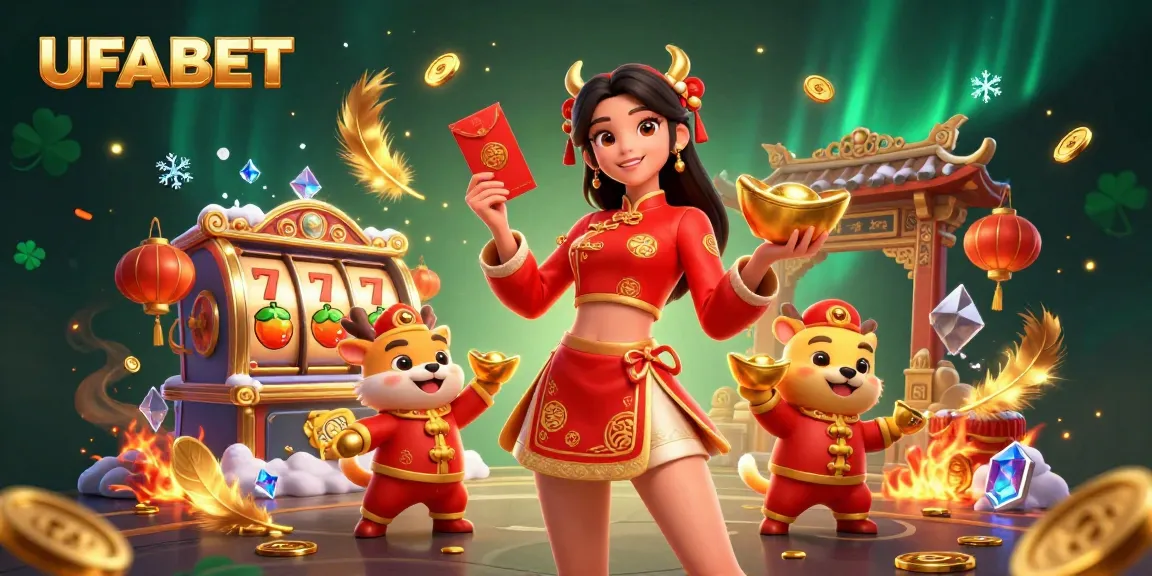 Engage with UFABET's vibrant casino offerings illustrated by festive characters and lively gaming elements.
